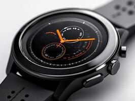 Close up view of smartwatch designed for customization highlighting its sleek design and functionality modern look against neutral grey backdrop photo