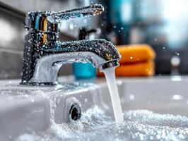 Hands scrub ceramic vase in clean white sink filled sudsy water while water flows from sleek chrome faucet. setting is bright and fresh evoking sense of cleanliness photo