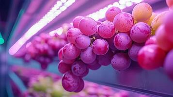 Rows of lush grapevines flourish in modern greenhouse setting showcasing clusters of green and purple grapes bright artificial lighting highlighting agricultural innovation and photo