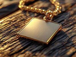 close up showcases beautifully crafted keychain mockup featuring blank area for personalized engraving. keychain rests elegantly on gleaming wooden surface photo