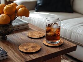 close up shot features professional flat design mockup of coasters showcasing abstract patterns. glass of iced tea ice sits on cozy coffee table adorned bowl of fresh oranges photo