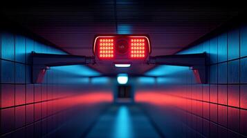 Sleek surveillance camera red and blue glowing lights is mounted on metallic wall in shadowy urban corridor symbolizing constant observation and control photo