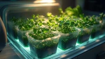 Rows of edible plants thrive in transparent refrigerator illuminated soft green lights in modern kitchen designed bamboo and recycled materials photo