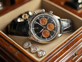 Close up of stylish wristwatch intricate design featuring customizable dial resting on luxurious leather tray matching cufflinks nearby creating sophisticated setting photo