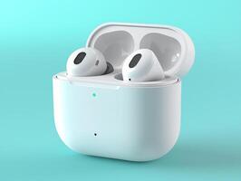 Close view of minimalist earphones stored in sleek customizable case displayed against pastel teal backdrop showcasing contemporary design for audio enthusiasts photo