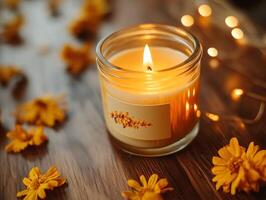 Close up of beautifully crafted candle in glass jar placed on wooden surface. customizable label adds artistic flair surrounded vibrant flower petals photo