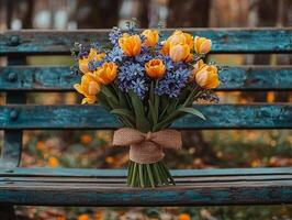 close up showcases stunning arrangement of yellow tulips and purple hyacinths elegantly tied burlap ribbon resting on rustic bench outdoors illuminated soft natural light photo