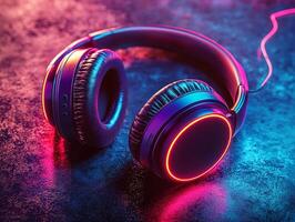 Close up presentation of stylish headphones featuring customizable logos on earcups showcased on metallic surface illuminated vibrant neon lights in modern setting photo