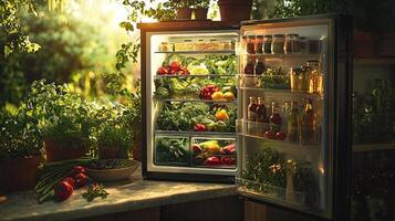 bright and airy kitchen features transparent refrigerator brimming fresh greens and herbs illuminated soft interior lighting enhancing its luxurious eco friendly charm photo