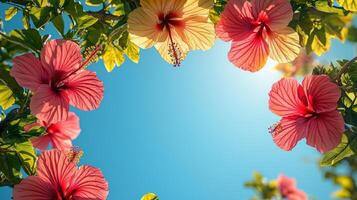 branch of hibiscus flowers displays vibrant red and yellow petals bright sunlight creating striking contrasts against clear tropical sky dramatic shadows photo