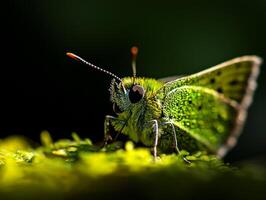 small butterfly intricate green patterns rests gently on lush fern leaves. Soft dappled sunlight filters through trees enhancing serenity of nature photo