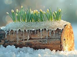 Close view of melting ice on log water droplets falling onto moist ground. Fresh green shoots peek through melting snow illuminated soft sunlight in spring photo