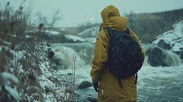 Water cascades over rocks in rapid mountain stream framed snowy patches and emerging grass. hiker in bright yellow jacket observes natural beauty and dynamic movement photo