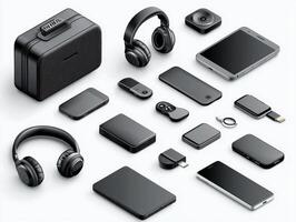 mockup showcases collection of tech gadgets designed in isometric view featuring stylish headphones sleek power bank and modern smartphone all ready for branding and customization photo