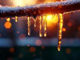 Delicate ice crystals melt on twig bright sunlight resulting in tiny water droplets hang beautifully while creating shimmering rainbow reflections against natural background photo