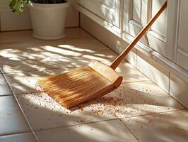Close up view of dustpan and broom removing crumbs from clean tiled kitchen floor. Soft shadows enhance neat appearance in tidy environment photo