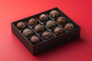Showcasing flat design mockup of partially open box of chocolates on vibrant red background offering customizable wrappers and intricate chocolate designs for creative presentation photo