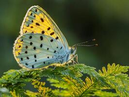 small butterfly delicate partially open wings perches on vibrant fern. Sunlight filters through surrounding trees creating serene atmosphere in nature photo