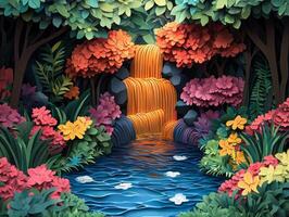 Brightly colored layered textures create captivating landscape flowing waterfall diverse flowers and rich greenery. Nature's beauty is vividly illustrated in bold contrasts photo