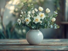 Bright and cheerful spring bouquet features blooming tulips and daffodils along lush eucalyptus branches in simple white vase. scene is set on rustic wooden coffee table photo