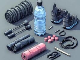 professional flat design mockup showcases sports water bottle customizable label surrounded essential gym gear on sleek grey background for modern touch photo