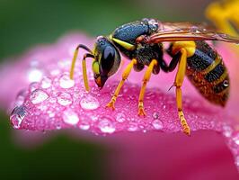 wasp is captured enjoying tiny water droplet on colorful flower petal its shiny exoskeleton reflecting bright light amidst lush green backdrop photo