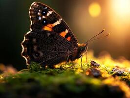 small butterfly rests on fern its delicate wings partially open illuminated dappled sunlight filters gently through surrounding trees creating serene atmosphere photo