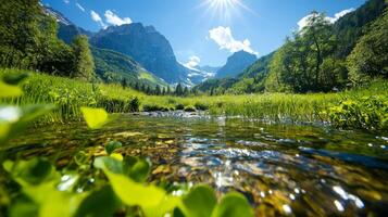 Cascading streams flow down mountain slope illuminated sunlight. fresh vegetation thrives in vibrant landscape during spring season photo
