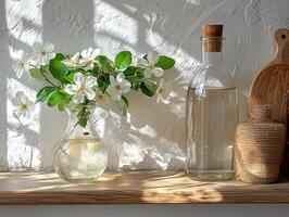 delicate green branch adorned tiny white blossoms rests in clear glass bottle filled water photo