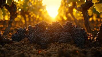 Clusters of dark grapes hang among dense green leaves in wild garden flourishes in warm sunlight. natural setting blends rustic charm untamed beauty inviting exploration photo