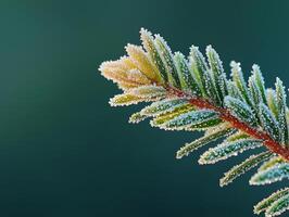 Close up of fern leaves showcasing melting frost and forming droplets their tips. Sunlight enhances vibrant green color and intricate details of leaf structure photo