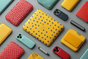 Display showcases vibrant laptop sleeve unique fabric patterns and various tech accessories arranged neatly on neutral grey backdrop offering elegant aesthetic photo