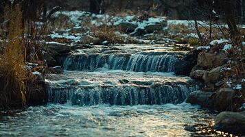 Rushing water flows gracefully over smooth rocks in mountain stream. Patches of snow and newly sprouted grass enhance natural beauty of scene photo
