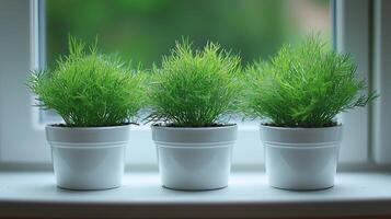Dill plants feathery and aromatic leaves are swaying softly in sunlight on kitchen windowsill. Simple pots add touch of natural elegance space photo