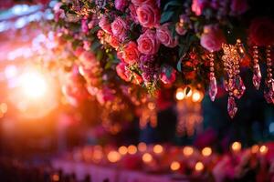 breathtaking floral chandelier adorned fresh roses and greenery hangs above beautifully set garden table. Crystal ornaments catch light creating magical atmosphere photo