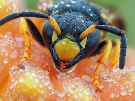 close up view captures wasp drinking from droplet on flower petal. vibrant green backdrop enhances wasp's reflective exoskeleton and enhances natural light photo