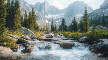 Melting snow cascades down rocky mountain slope creating streams glisten in sunlight. surrounding vegetation thrives in pristine natural environment showcasing vibrant greens photo
