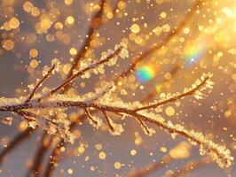 Delicate water droplets hang from ice crystals on twig as sunlight filters through creating beautiful rainbow reflections against natural green backdrop photo