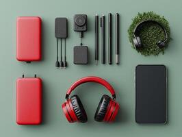 professional flat design showcases tech gadget set featuring red headphones power bank sleek phone and accessories arranged neatly. scene highlights modern design trends photo