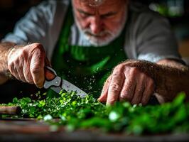 Close up of hands skillfully pruning green houseplant scissors as small leaves and branches fall onto rustic wooden table in soft natural light photo