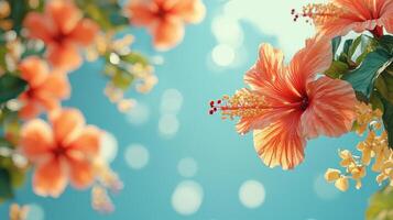 vibrant branch of hibiscus flowers displays red and yellow petals against clear tropical sky. Strong natural light enhances their colors and creates dramatic shadows photo