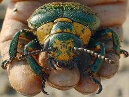 vivid emerald green beetle moves slowly across leaf showcasing intricate patterns and glistening shell. Natural light highlights its features in serene garden setting photo