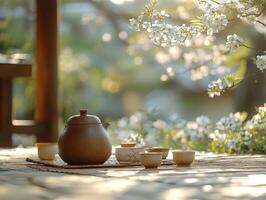 Enjoy serene moment as traditional Japanese tea ceremony unfolds outdoors. Intricate utensils are displayed on mat beneath blooming plum tree illuminated gentle sunlight photo