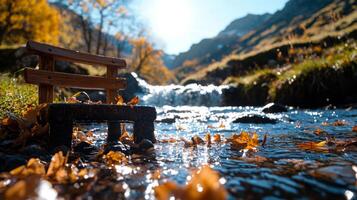 vibrant mountain slope showcases cascading streams of melting snow illuminated sunlight and surrounded lush vegetation and falling leaves in foreground photo