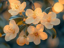 close up view showcases orange blossom branch beautiful white petals surrounded lush green leaves photo
