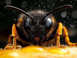 wasp is seen drinking from water droplet on flower petal its reflective exoskeleton shimmering in bright light against vibrant green backdrop photo