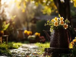 Close up of rustic watering can brimming bright daffodils and green ivy. It sits on stone path surrounded vibrant spring flowers warm afternoon sunlight photo
