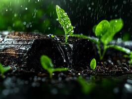 Melting ice drips from wooden log nourishing wet earth below. Early green shoots emerge basking in diffused natural light signaling arrival of spring photo