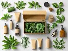 creative mockup shows isometric view of subscription box filled eco friendly products surrounded various green plants. Customizable text can enhance branding photo