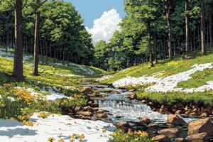 Dynamic professional illustration depicts vibrant forest during early spring featuring flowing streams and melting snow while small creatures watch seasonal changes photo